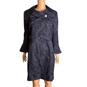 Tahari ASL jacquard Dress and Jacket 14P Floral Design Rhinestone Brooch Elegant